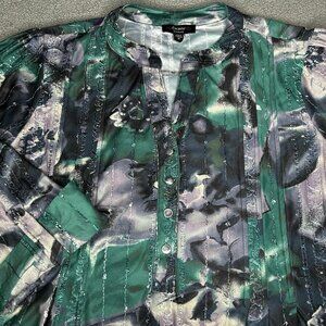 Cocomo Shirt Womens 1X Green Black Metallic Floral Button Up Tunic Sequins Top